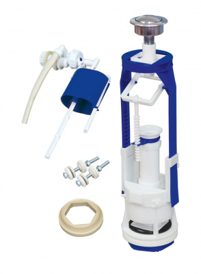 Арматура для бачка кнопочная, боковая подводка с универсальным клапаном (плоский донный клапан), металлизированная кнопка