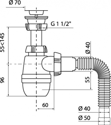 Сифон МИНОР с нерж чашкой Ф70 мм, выпуском 1½  х 40 мм, гофротрубой L800 мм, 40 х 40/50 мм