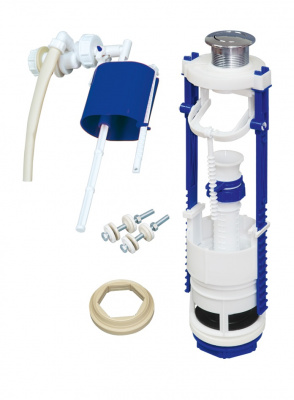 Арматура для бачка кнопочная, боковая подводка с универсальным клапаном (плоский донный клапан), металлизированная кнопка