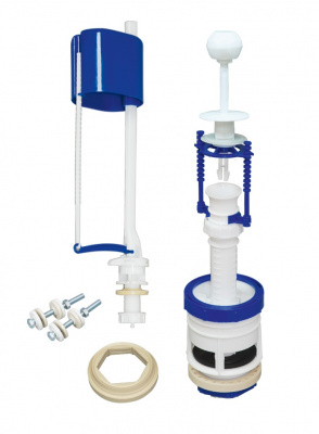 Арматура для бачка штоковая, нижняя подводка с клапаном АН-01 (плоский донный клапан), белая ручка и втулка