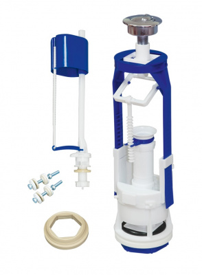 Арматура для бачка кнопочная 2-х уровневая "Стоп-Слив", нижняя подводка с клапаном АН-01 (плоский донный клапан) (малый слив по требованию), металлизированная кнопка