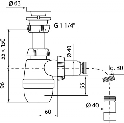Сифон МИНОР с нерж чашкой Ф63 мм, выпуском 1¼ х 40 мм, гофротрубой L800 мм, 40 х 40/50 мм