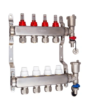 Блок коллекторный из нержавеющей стали с регулирующими клапанами и расходомерами 1" евроконус 3/4"