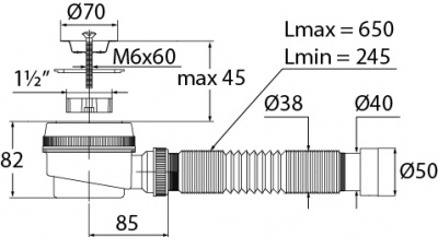 Сифон для душевого поддона с нерж чашкой Ø70 мм, гофротрубой  (1½"- Ø40/50)