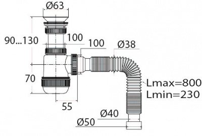 Сифон "МИНИ Элит" с пласт выпуском Ø63 мм, гофротрубой L800 мм (Ø40-40/50)