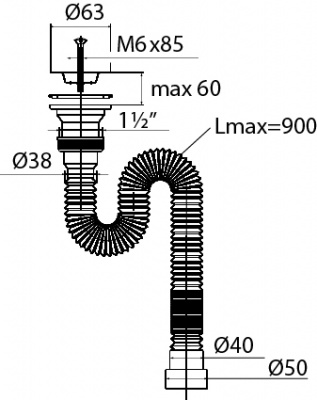 Сифон гофрированный "МИНИ Элит" с нерж чашкой Ø63 мм, стандарт L800 мм (1¼"- Ø40/50)