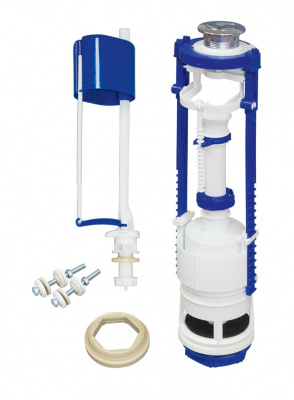 Арматура для бачка кнопочная 2-х уровневая, нижняя подводка с клапаном АН-01 (плоский донный клапан), металлизированная кнопка