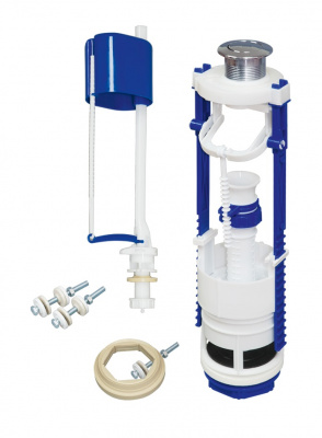 Арматура для бачка кнопочная, нижняя подводка с клапаном АН-01 (плоский донный клапан), металлизированная кнопка