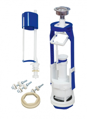 Арматура для бачка кнопочная, нижняя подводка с клапаном АН-01 (плоский донный клапан), металлизированная кнопка