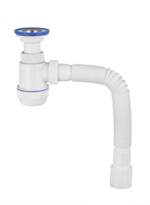 Сифон "МИНИ Элит" с нерж чашкой Ø63 мм, литым выпуском, гофротрубой L800 мм (1½"- Ø40/50)