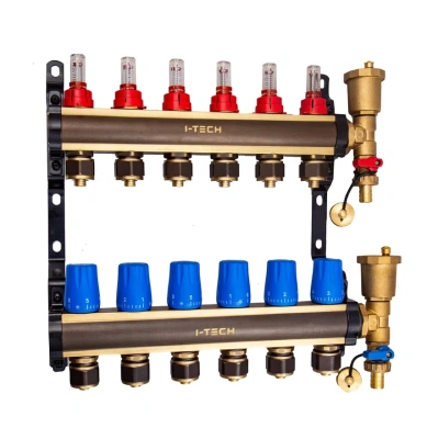 Блок коллекторный из латуни с регулирующими клапанами и расходомерами 1" евроконус 3/4"
