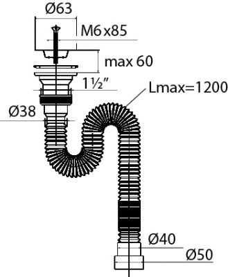 Сифон гофрированный "МИНИ Элит" с нерж чашкой Ø63 мм,  удлинённый L1200 мм (1¼"- Ø40/50)