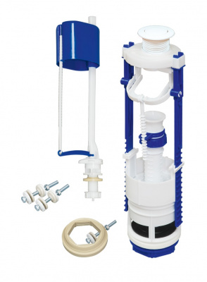 Арматура для бачка кнопочная, нижняя подводка с клапаном АН-01 (плоский донный клапан), белая кнопка