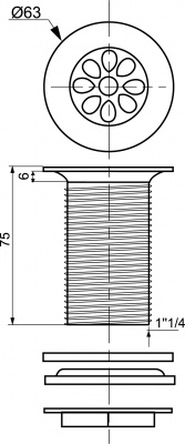 Выпуск "QUICK CLAC" с отверстием для перелива L75 мм, латунь в хроме D63 мм